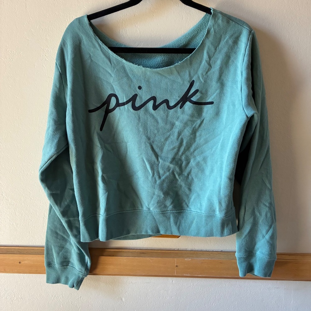 Victoria's Secret PINK Sweatshirt Green Cropped Raw Neck Logo Off Shoulder Sz L
